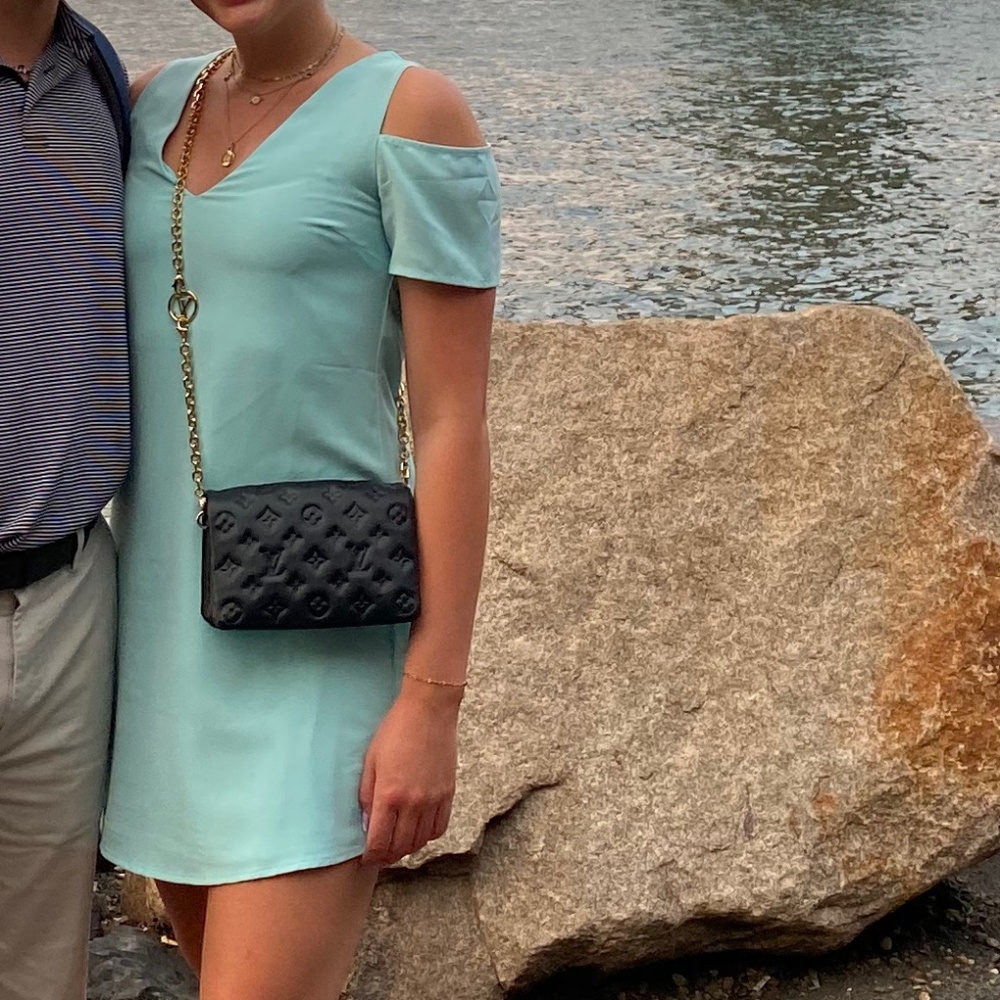 Blue mini dress with cut out shoulders